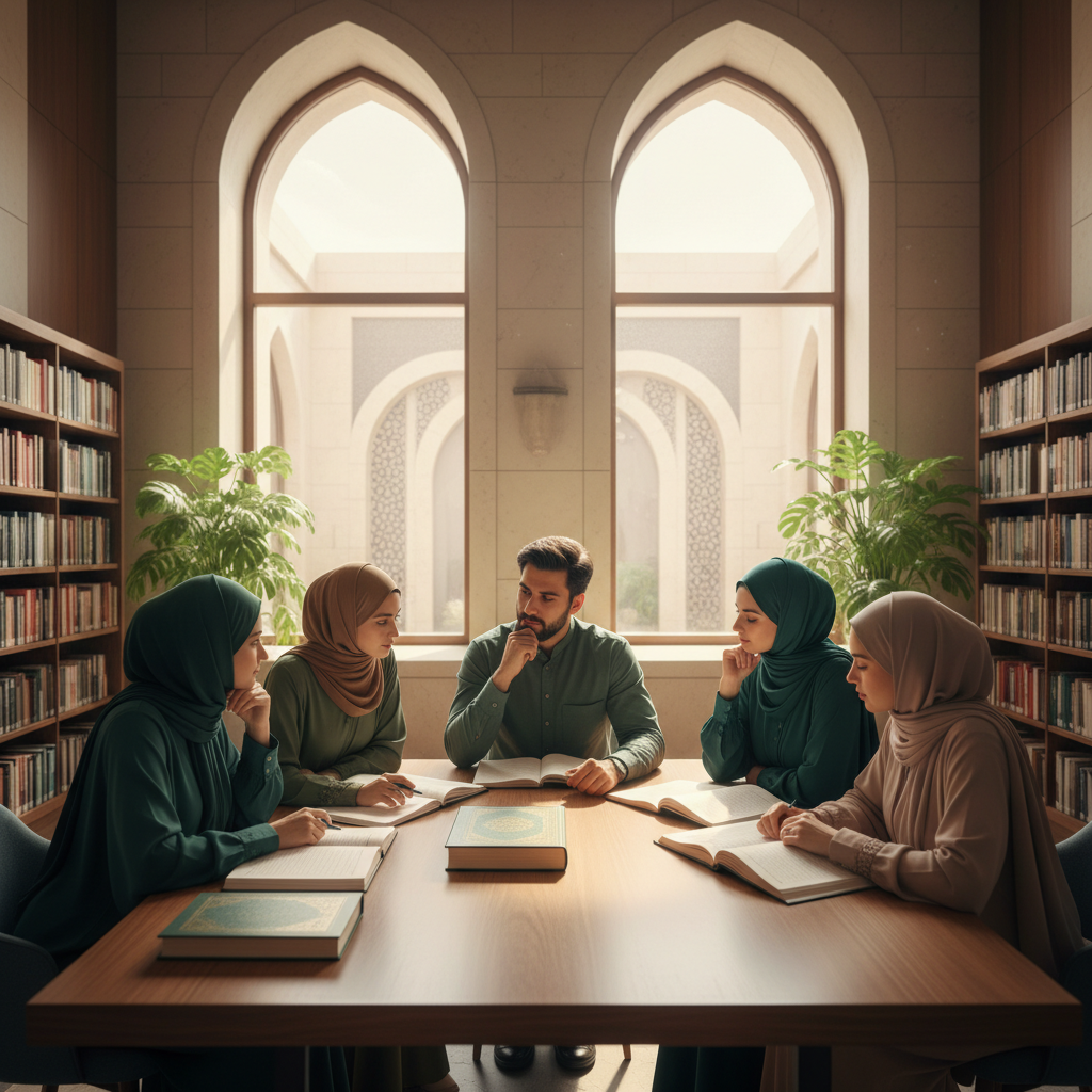 Students studying together in a sunlit Islamic library